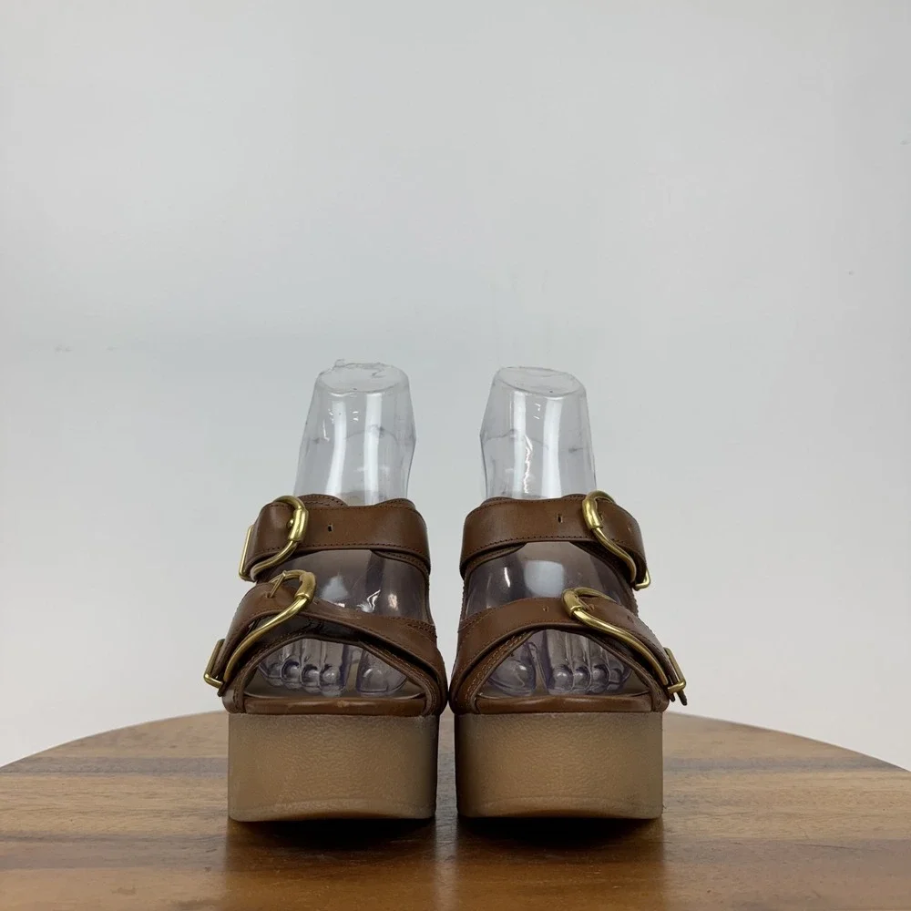 New Womens Veronica Beard Garrick Brown Leather Platform Slide Sandals Size 9 M - Picture 3 of 8